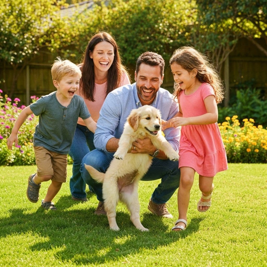 Happy family with puppy